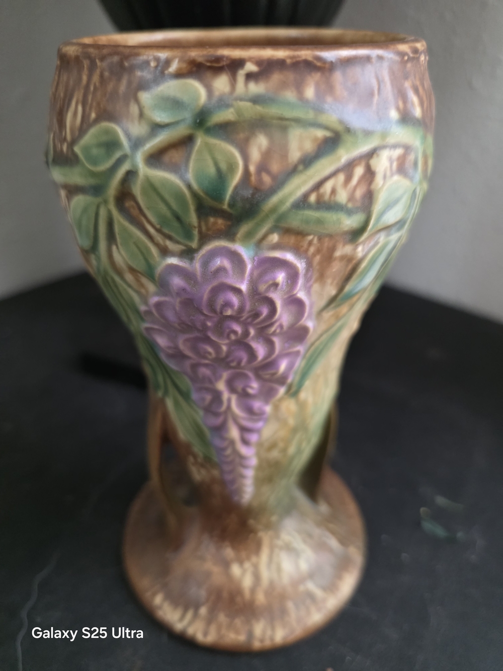 Handcrafted Roseville 1930s Wisteria Relief Ceramic Vase - Brown & Purple